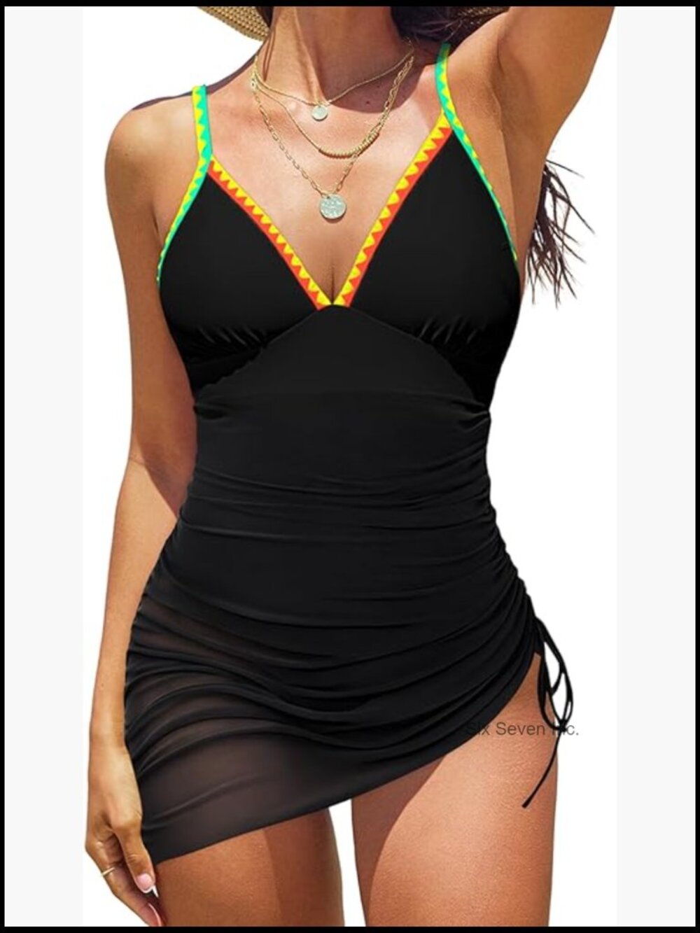 One Piece Swimsuit Tummy Control Mesh Tie Back Skirt Bathing Suit